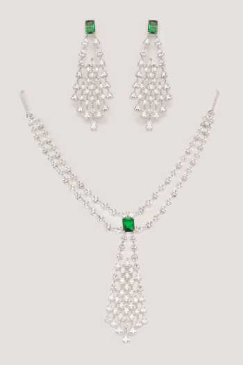 Shop Zevar By Geeta White Imitation Diamonds Contemporary Pendant Necklace Set at Aza Fashions Shop_Zevar By Geeta_White Imitation Diamonds Contemporary Pendant Necklace Set _at_Aza_Fashions