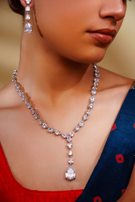 Buy_Zevar By Geeta_White Imitation Diamonds Pendant Necklace And Earring Set _Online_at_Aza_Fashions