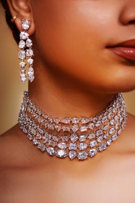 Buy_Zevar By Geeta_White Imitation Diamonds Dramatic Choker Set _Online_at_Aza_Fashions