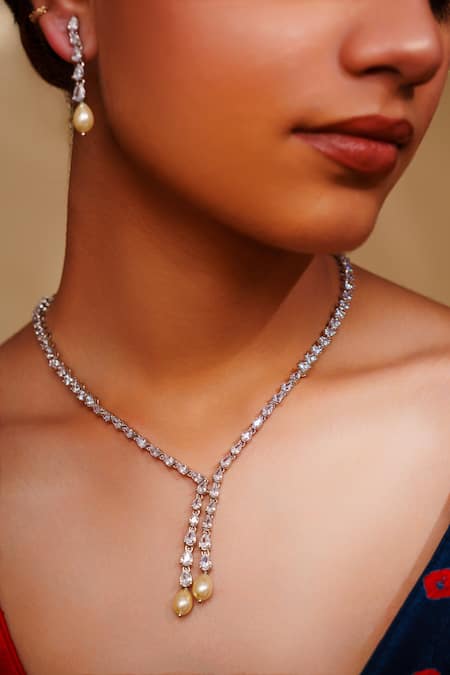 Buy_Zevar By Geeta_White Diamonds, Pearls Contemporary Pendant Necklace Set _Online_at_Aza_Fashions