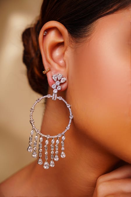 Zevar By Geeta_Silver Plated Imitation Diamonds Contemporary Chandbali Earrings _Online_at_Aza_Fashions