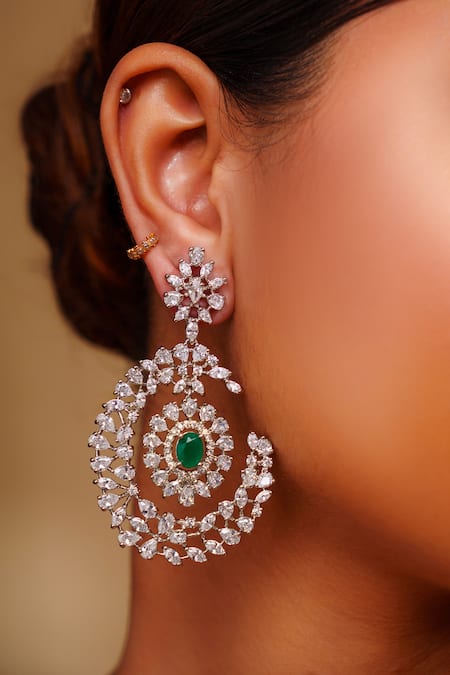 Zevar By Geeta_Silver Plated Imitation Diamonds Emerald Stone Danglers _Online_at_Aza_Fashions