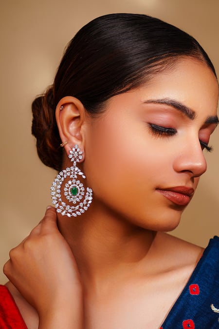 Zevar By Geeta Silver Plated Diamonds Emerald Stone Danglers 