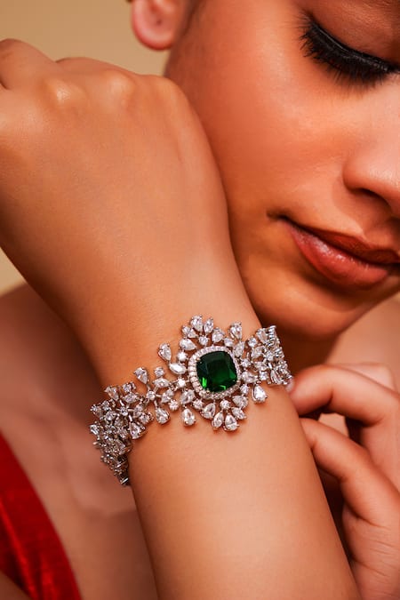 Buy_Zevar By Geeta_Green Crystals Emerald Embellished Bracelet _Online_at_Aza_Fashions