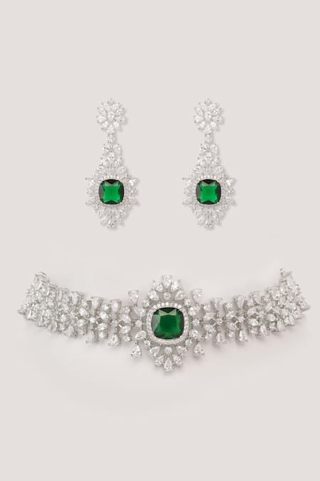 Zevar By Geeta Diamond Choker Set With Emerald Stone 