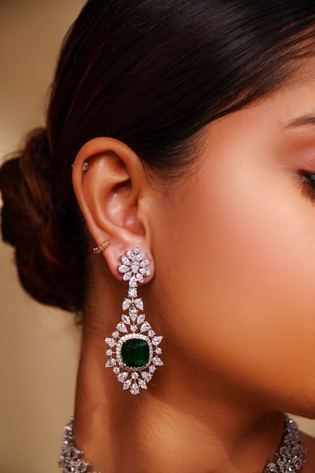 Zevar By Geeta_White Imitation Diamonds Choker Set With Emerald Stone _Online_at_Aza_Fashions