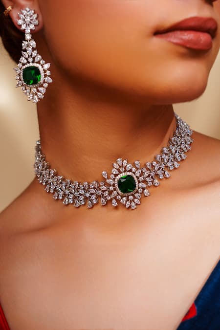 Buy_Zevar By Geeta_White Imitation Diamonds Choker Set With Emerald Stone _Online_at_Aza_Fashions