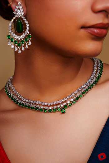 Buy_Zevar By Geeta_White Crystals, Stones Contemporary Diamond Necklace And Earring Set _Online_at_Aza_Fashions