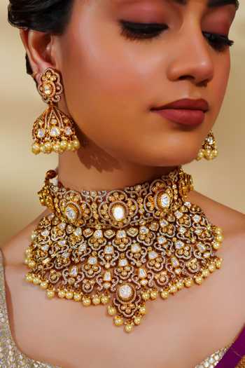 Zevar By Geeta_Gold Plated Diamonds, Pearls Kundan Necklace Set _at_Aza_Fashions