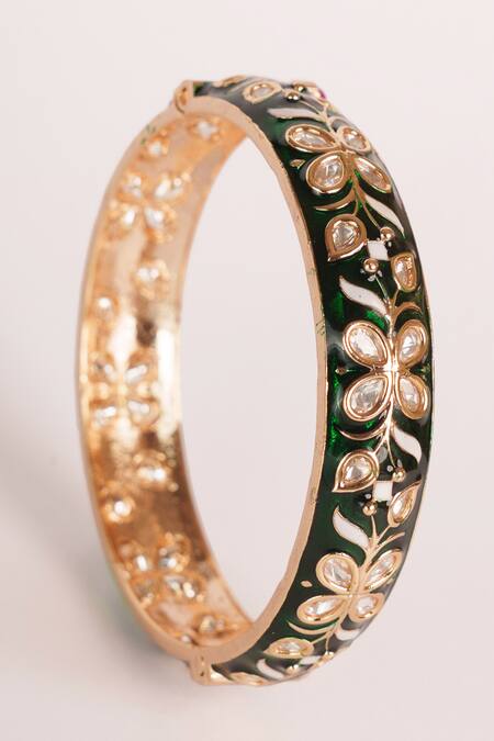 Zevar By Geeta_Green Imitation Diamonds Kundan Meenakari Gold Finish Bangles _Online_at_Aza_Fashions