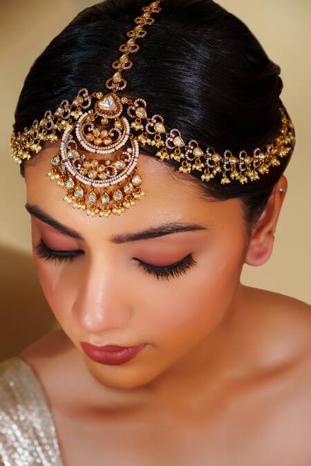 Zevar By Geeta Gold Plated Kundan Polki Mathapatti With Two Tone Finish Online at Aza Fashions Zevar By Geeta_Gold Plated Kundan Polki Mathapatti With Two Tone Finish _Online_at_Aza_Fashions