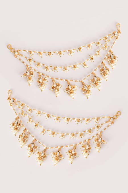 Shop Zevar By Geeta Gold Plated Kundan Polki Embellished Pair Of Ear Chains at Aza Fashions Shop_Zevar By Geeta_Gold Plated Kundan Polki Embellished Pair Of Ear Chains _at_Aza_Fashions