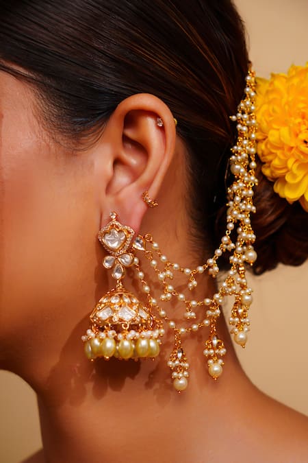 Zevar By Geeta Gold Plated Kundan Polki Embellished Pair Of Ear Chains Online at Aza Fashions Zevar By Geeta_Gold Plated Kundan Polki Embellished Pair Of Ear Chains _Online_at_Aza_Fashions