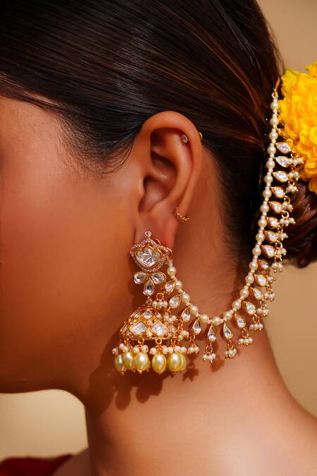 Zevar By Geeta_Gold Plated Kundan Polki Pair Of Ear Chains _Online_at_Aza_Fashions