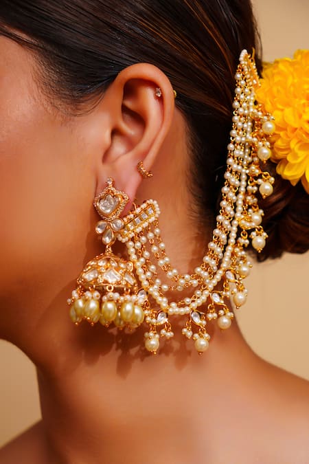 Zevar By Geeta_Gold Plated Pearls, Zari Kundan Polki Finish Ear Chain Earrings _Online_at_Aza_Fashions