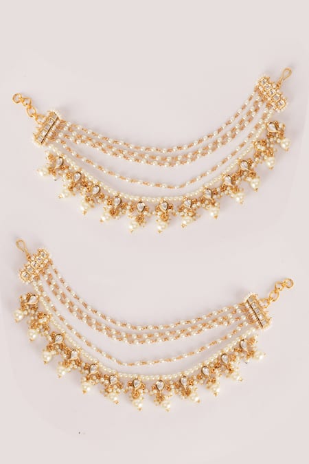 Shop_Zevar By Geeta_Gold Plated Pearls, Zari Kundan Polki Finish Ear Chain Earrings _at_Aza_Fashions
