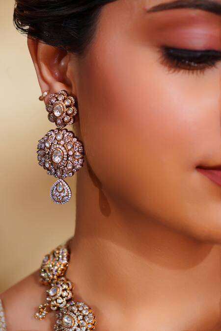 Zevar By Geeta_Gold Plated Imitation Diamonds Kundan Polki Long Necklace Set _Online_at_Aza_Fashions