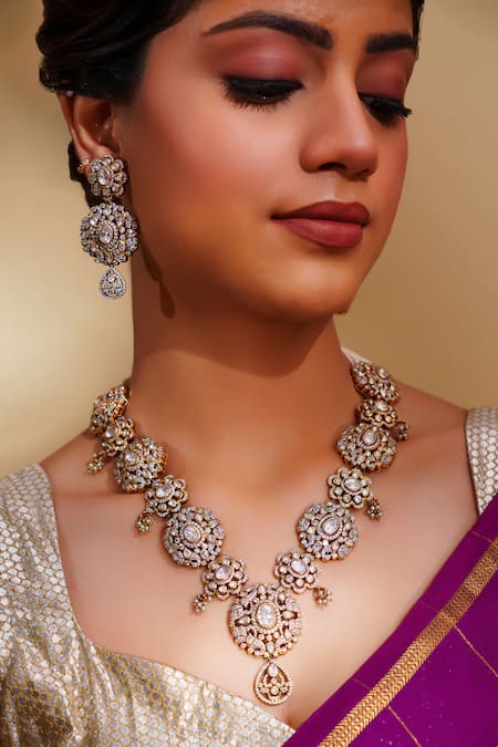 Buy_Zevar By Geeta_Gold Plated Imitation Diamonds Kundan Polki Long Necklace Set _Online_at_Aza_Fashions