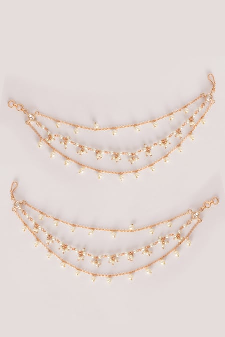Shop_Zevar By Geeta_Gold Plated Diamonds, Pearls Kundan Polki Finish Earchains _at_Aza_Fashions