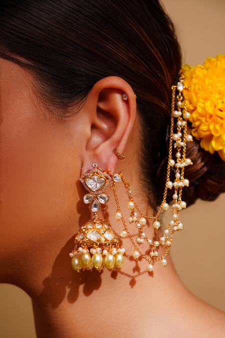 Zevar By Geeta_Gold Plated Diamonds, Pearls Kundan Polki Finish Earchains _Online_at_Aza_Fashions
