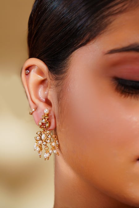 Zevar By Geeta_Gold Plated Pearls Kundan Polki Long Necklace Set _Online_at_Aza_Fashions