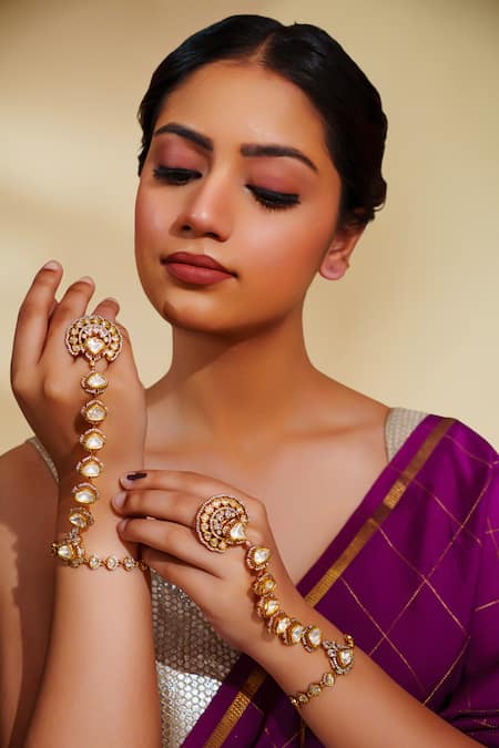 Zevar By Geeta_Gold Plated Kundan Polki Two Tone Haathphool Set _Online_at_Aza_Fashions