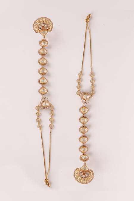 Shop_Zevar By Geeta_Gold Plated Kundan Polki Two Tone Haathphool Set _at_Aza_Fashions