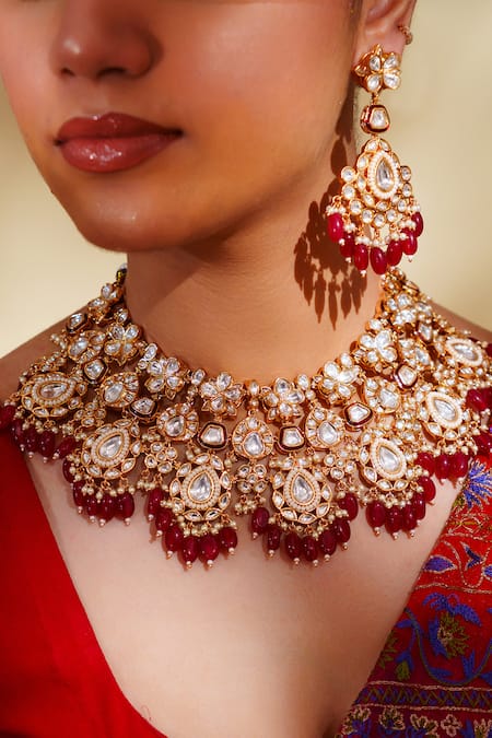 Shop_Zevar By Geeta_Gold Plated Diamonds, Stones Kundan Necklace Set With Earrings And Maang Tikka _Online_at_Aza_Fashions