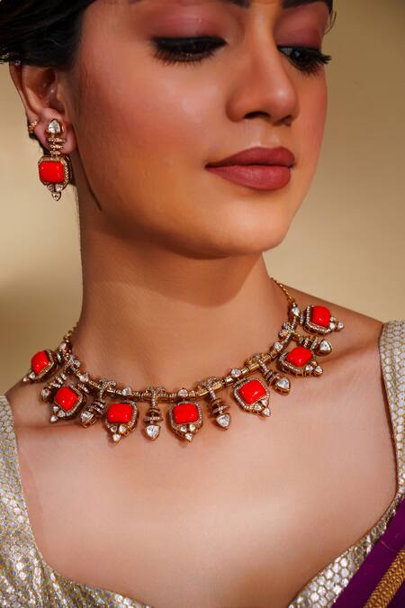 Zevar By Geeta_Orange Stones Two Enamel Necklace Set_Online_at_Aza_Fashions