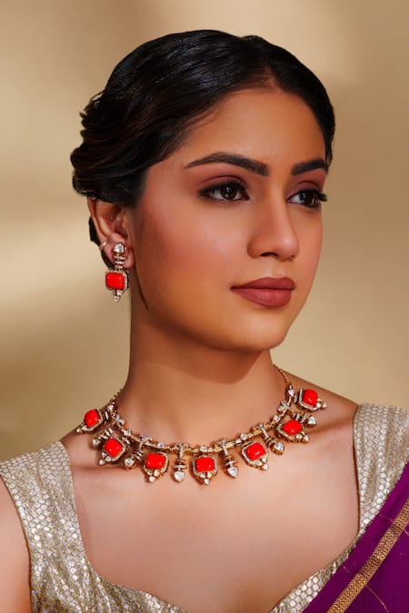 ZEVAR BY GEETA Two Tone Enamel Necklace Set 