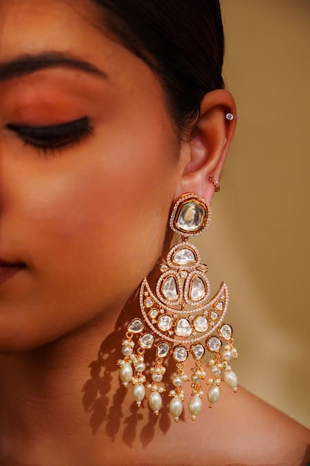 Zevar By Geeta_Gold Plated Crystals, Pearls Moissanite Finish Chandbalis _Online_at_Aza_Fashions