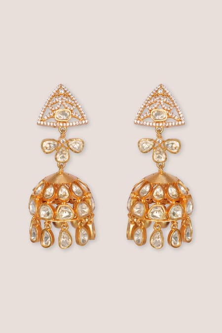 Shop_Zevar By Geeta_Gold Plated Stones Moissanite Jhumka Earrings _at_Aza_Fashions