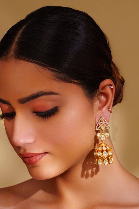Zevar By Geeta_Gold Plated Stones Moissanite Jhumka Earrings _Online_at_Aza_Fashions