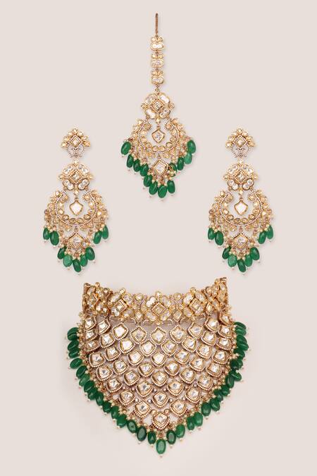 Shop_Zevar By Geeta_Gold Plated Diamonds, Stones Kundan Necklace Set With Maangtikka _at_Aza_Fashions