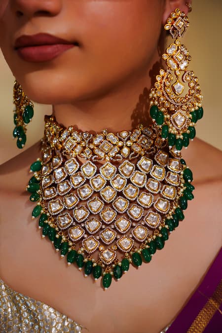 Shop_Zevar By Geeta_Gold Plated Diamonds, Stones Kundan Necklace Set With Maangtikka _Online_at_Aza_Fashions