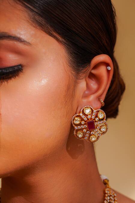 Zevar By Geeta_Gold Plated Crystals, Stones Moissanite And Red Jewellery Set _Online_at_Aza_Fashions