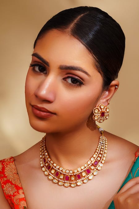 Zevar By Geeta Moissanite Gold & Red Jewellery Set 
