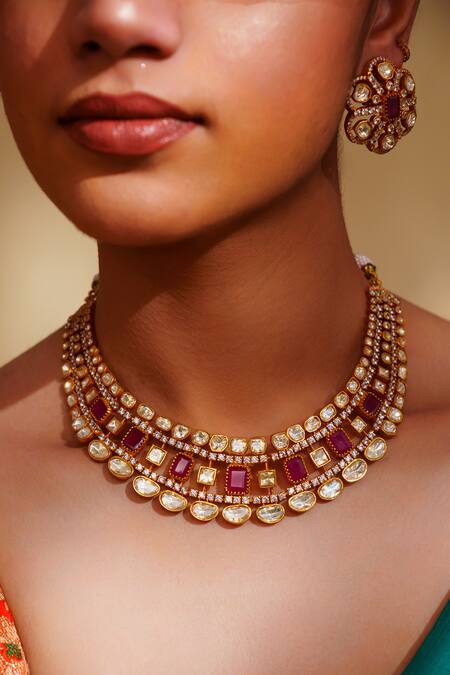 Buy_Zevar By Geeta_Gold Plated Crystals, Stones Moissanite And Red Jewellery Set _Online_at_Aza_Fashions