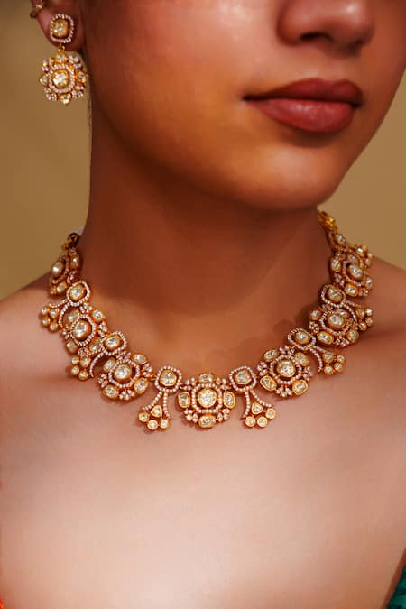 Buy_Zevar By Geeta_Gold Plated Crystals Moissanite Designer Jewellery Set _Online_at_Aza_Fashions
