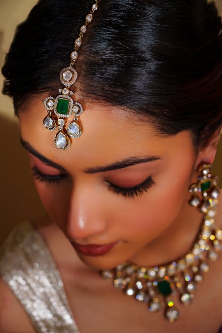 Zevar By Geeta_Gold Plated Stones Moissanite Necklace And Earring Set _Online_at_Aza_Fashions