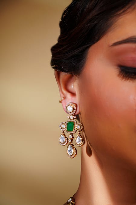 Buy_Zevar By Geeta_Gold Plated Stones Moissanite Necklace And Earring Set _Online_at_Aza_Fashions