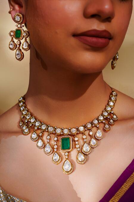 Shop_Zevar By Geeta_Gold Plated Stones Moissanite Necklace And Earring Set _Online_at_Aza_Fashions