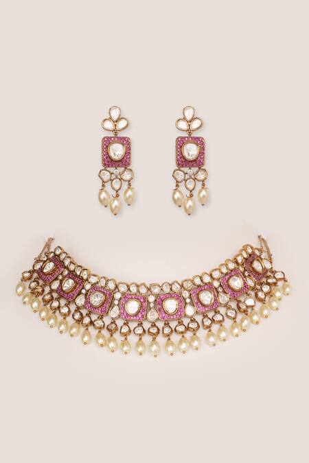 Shop Zevar By Geeta Gold Plated Stones, Pearls Kundan Polki Necklace Set at Aza Fashions Shop_Zevar By Geeta_Gold Plated Stones, Pearls Kundan Polki Necklace Set _at_Aza_Fashions