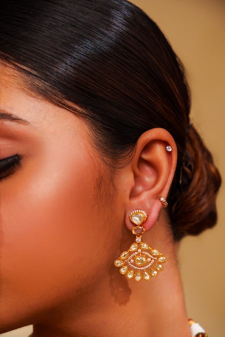 Zevar By Geeta_Gold Plated Moissanite Necklace And Earring Set _Online_at_Aza_Fashions