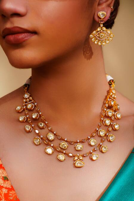 Buy_Zevar By Geeta_Gold Plated Moissanite Necklace And Earring Set _Online_at_Aza_Fashions