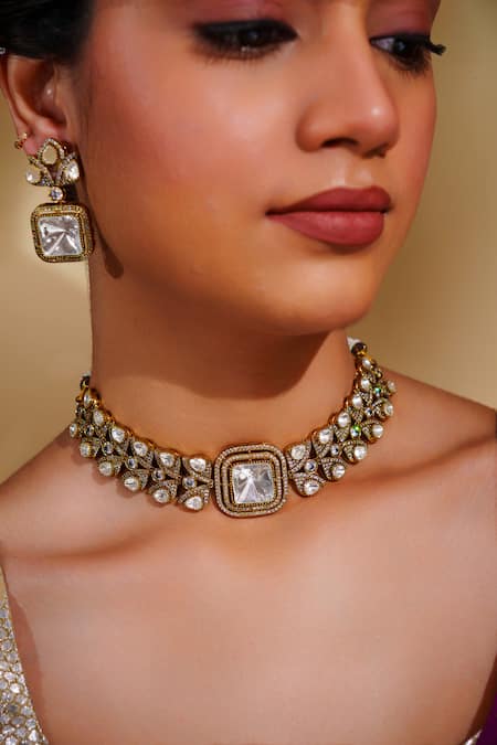 Zevar By Geeta_Gold Plated Two Tone Moissanite Choker Set And Earrings _Online_at_Aza_Fashions