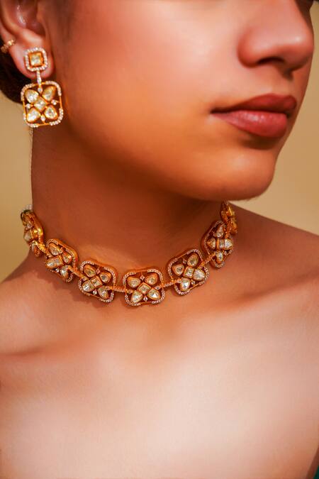 Zevar By Geeta_Gold Plated Crystals Moissanite Choker Set And Earrings _Online_at_Aza_Fashions