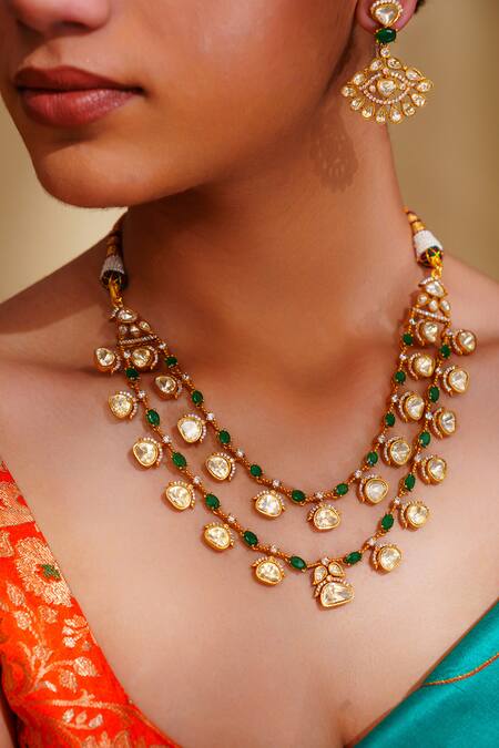 Zevar By Geeta_Gold Plated Stones Dramatic Moissanite Necklace And Earring Set _Online_at_Aza_Fashions