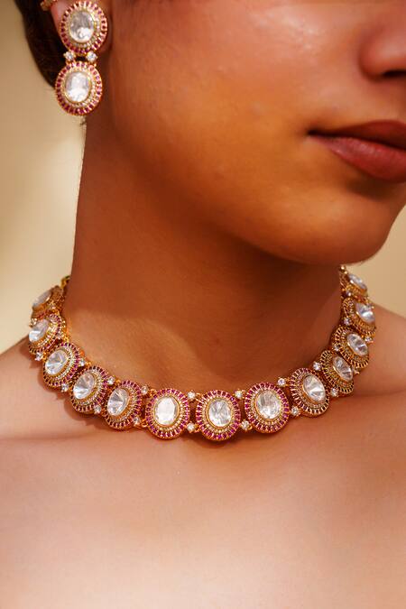 Buy_Zevar By Geeta_Gold Plated Imitation Diamonds Kundan Polki Necklace And Earring Set _Online_at_Aza_Fashions