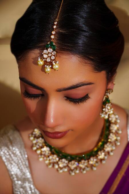 Zevar By Geeta_Gold Plated Pearls, Stones Moissanite Necklace And Earring Set _Online_at_Aza_Fashions